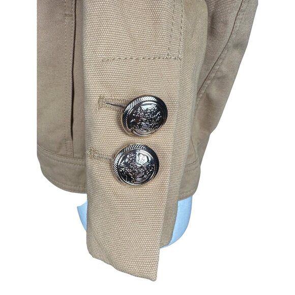 Zara Cropped Tan Denim Jacket Large Trench Military Boho Double Breasted Short - Picture 9 of 11